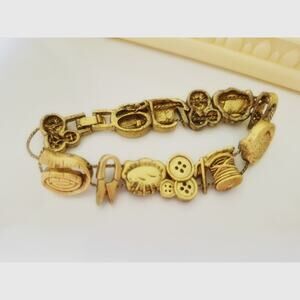 Vintage Gold-tone Sewing Theme Slide Charm Bracelet